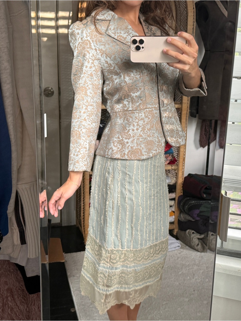 Vintage Y2K Intuitions 100% Silk Skirt Suit Set Floral Lace Sz 8